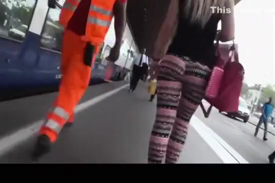 Sexy ass blonde in colorful leggings