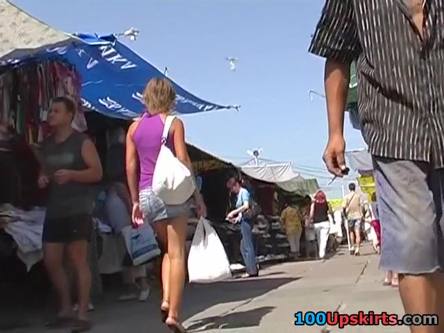 Denim upskirt at the market